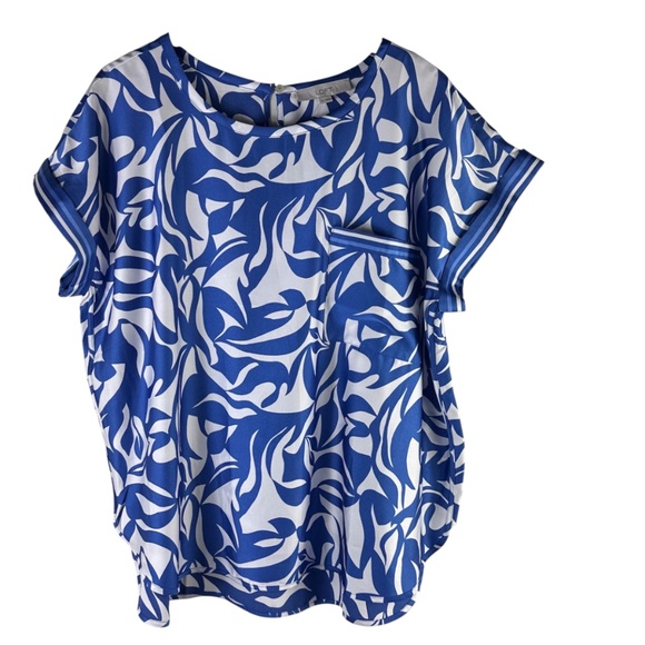 New Ann Taylor LOFT Top Shirt Sz XL 14 16 Blue White Silky Tropical Resort Boho - Picture 2 of 4